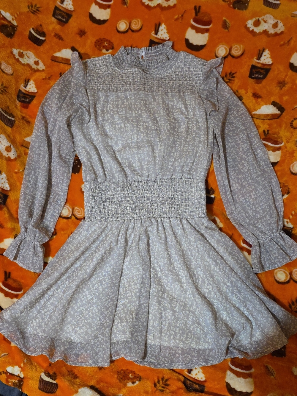 Light Gray Floral Smocked-Waist Long Sleeve Dress